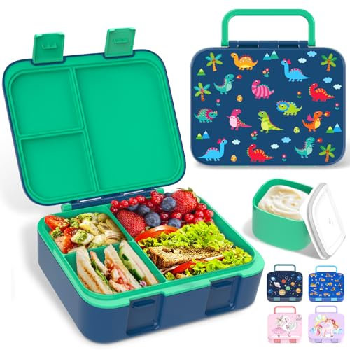 Anyiner Kids Lunch Box, Leakproof Bento Lunch Box with Multi-Compartments & Sauce Jar, Portable Snack Box Mermaid Bento Box for Kids Adults Work School, Green Dinosaur