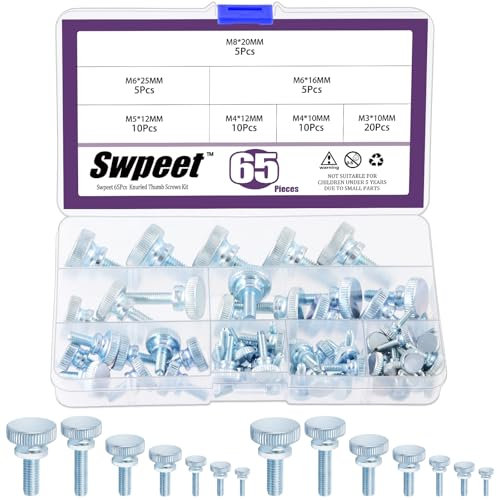 Swpeet 65Pcs 7 Size M3 M4 M5 M6 M8 Zinc Plated Knurled Thumb Screws Assortment Kit, Flat Knurled Head Fully Threaded Thumb Screws Bolts Fastener, Knurled Thumb Screw with Shoulder Grip Knobs Fasteners