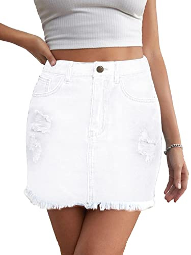 Alaster Queen Gonna in jeans, da donna, corta, in jeans, minigonna da donna, elasticizzata, con tasche, bianco, XXL