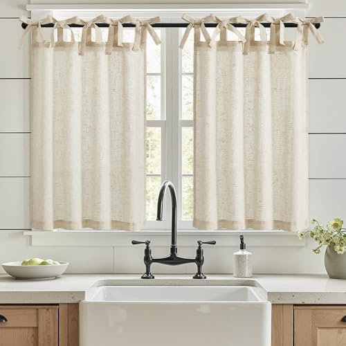 Vangao Scheibengardinen Natur Beige Modern Küche Leinenoptik Bistrogardine 2er Set 65Bx90Hcm mit Bindebändern Küchengardinen für Balkontür Wohnwagen Landhausstil Gardinen Kurz Lichtdurchlässig