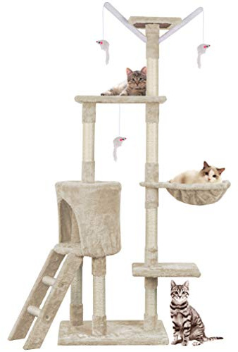 HOMIDEC Cat Tree Tower, 145cm Multi-Level Stable Cat Scratching Post | Natural Sisal Rope, 1 Big House, 1 Hammock, 3 Platforms, a Ladder, for Indoor Cats, for Kitten