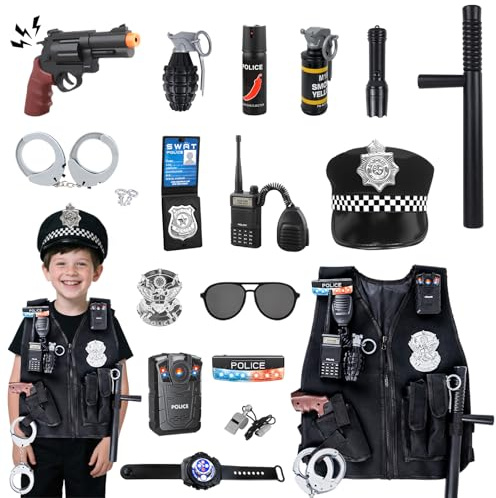 KalaDuck Policier Déguisement Enfant, 17 Pièces Police Accessoires Jouets avec Chapeau, Gilet SWAT et Menottes, Jeux de Costume pour Halloween et Carnaval