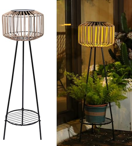 Outdoor Floor Lamp Outdoor Solar Lights Rattan Lamp with Plant Stands Metal Tripod Outdoor Floor Lamps for Patio Yard Deck Porch Walkway Driveway Garden Decor
