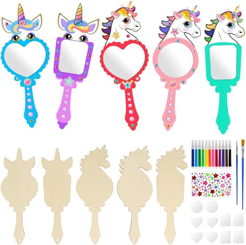 Kezidhp 10 Stück Einhorn Spiegel Basteln Kindergeburtstag, Holz Bastelset DIY Handspiegel zum Bemalen mit Pinseln & Stiften, Mitgebsel Geschenk für Mädchen, Kinder Party & Feiertage