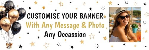 6ft x 2ft Large Personalised Name Photo Banner and Signs For Birthday Welcome Home Hen Party Retirement Decorations for Men Women Boys Girls Confirmation First Holy Communion Gold & Black Stars