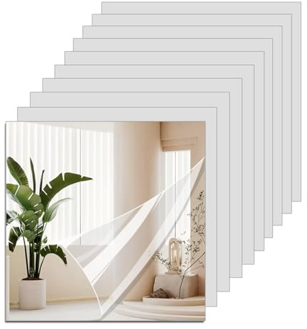 Acrylic Mirrors Stickers for Walls, 10/20 Pcs Mirror DIY Tiles, 2mm Thickened Non Glass Shatterproof Decorative Mirrors Sheets, Stick On Mirror Makeup Home Workout Self Adhesive (10, 10 x10cm)