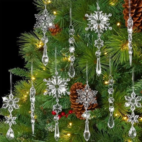 Filltown 10PCS Snowflake Christmas Tree Decorations, Hanging Acrylic Snowflake Icicle Decorations with Drop Ornaments for Xmas Christmas Tree Winter Wonderland Holiday Frozen Party Decor