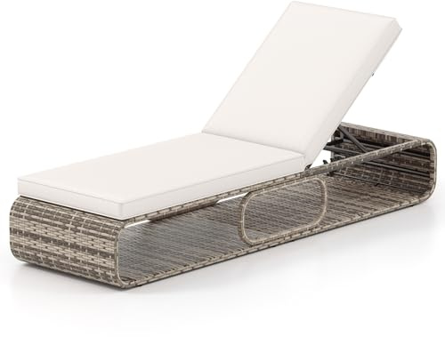 GIANTEX Sonnenliege mit Auflage, Gartenliege mit 7-stufig Verstellbarer Rückenlehne, Rattan Liegestuhl für Pool, Terrasse & Garten, 185 x 65 x 26cm, Relaxliege belastbar bis 180kg (Weiß)