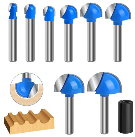 Core Box Lot de 8 embouts de routeur en carbure massif 6 mm Outil de travail du bois avec nez rond double flûte 1/4 à 1, pour rainures demi-rondes et lames pour rainures et lames de travail du bois