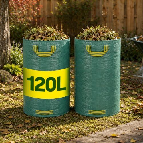 LIVIVO 120L Heavy Duty Garden Waste Bags with Handles - Set of 2 Collapsible Design Garden Bags - Garden Sacks with Stay-Open Ring, Reusable Garden Waste Bags Heavy Duty for Rubbish, Grass, Gardening