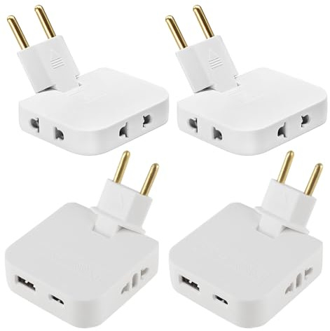 Nzkeuf 4 Stück Flachstecker Mehrfachsteckdose mit USB + Type-C-Adapter, Mehrfachsteckdose Flacher Stecker mit 180°-Drehgelenk, EU-zu-US-Adapter für Zuhause, Büro, Reisen