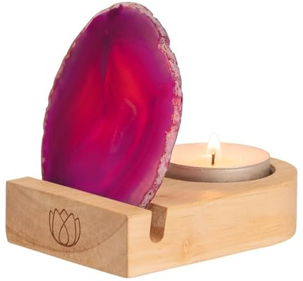 moses. Omm for You Achat-Windlicht – Teelichthalter aus Holz mit Achat-Scheibe, inkl. Teelicht, Naturprodukt für stimmungsvolles Farb- und Lichtspiel, Edelstein-Lampe