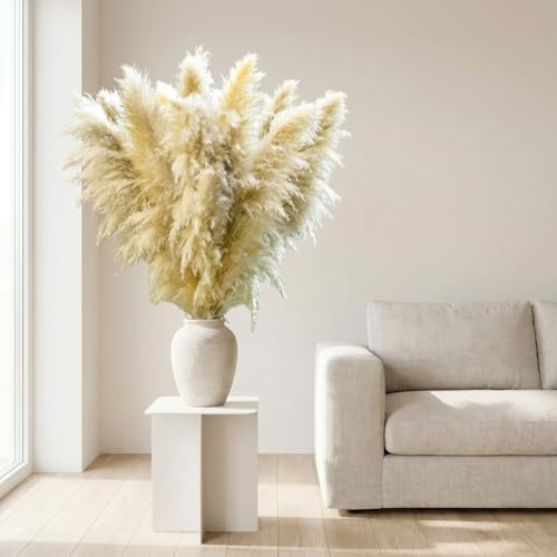 crafity 12 Stück Pampasgras Groß Trockenblumen XXL Pampasgras 90cm Natürliche Pampas Flauschige Getrocknete Blumen Deko für Hochzeit Wohnzimmer Schlafzimmer Weiss & Beige
