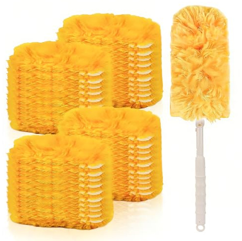 Lot de 36 plumeaux jetables à Double poignée, Duster Recharge Kit avec 1 Manche Télescopique, pour Cheveux, Poussière, Saleté Recharges de Plumeau pour Nettoyage à 360°