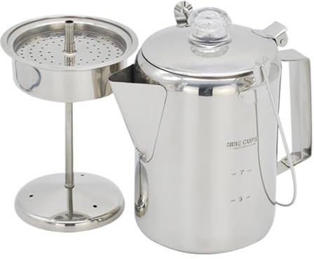 Aumotop Camping Rostfritt Stål Perkolator Kaffebryggare med Filterkorg för Utomhusentusiaster Medicinsk Kvalitet Filter för Jämn Smak, 9 Koppar Kapacitet, Glasskydd Hem eller Lägereld Sammankomster