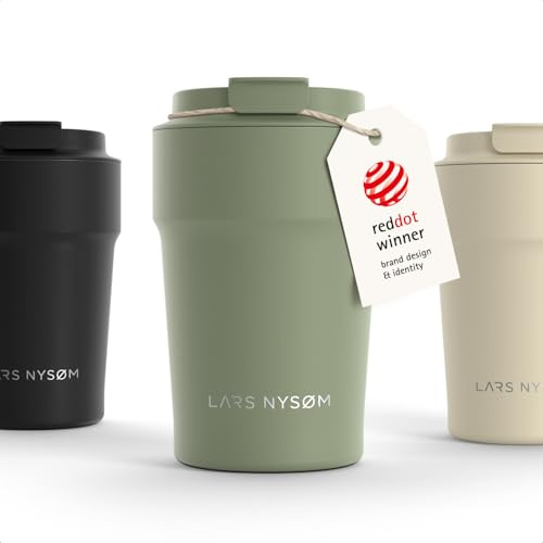 LARS NYSØM Thermo Kaffeebecher-to-go 380ml | Travel Mug 0,38 Liter med isolering | Silikonbas med grepp | Utsläppssäker rostfri termosmugg för kaffe och te på språng (Sage Green - Powder, 380ml)