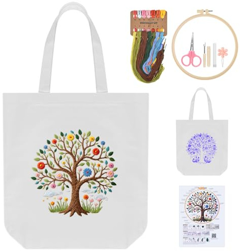 ERKOON Canvas Tote Bag Stickset, DIY Canvas Tasche Stickerei Kit für Anfänger Erwachsene mit Muster, Werkzeug und Anleitung, Für Alltag, Pendeln zur Arbeit, Schulbesuch, Einkaufen(Baum)