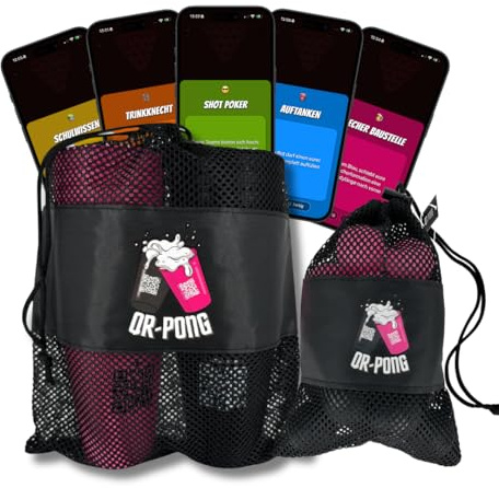 QR-Pong - Beer Pong con aplicación y 3.000 tareas divertidas - 22 vasos de plástico duro reutilizables fabricados en Alemania - El mejor regalo de cumpleaños - Juego de beber [negro/rosa] (juego de 20