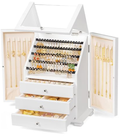 amoard Boîte à Bijoux en Bois, Grande Boîte à Bijoux pour Femme, Organiseur de bijoux à 4 étages,adapté pour colliers, boucles d'oreilles, bracelets et bagues（Blanc）