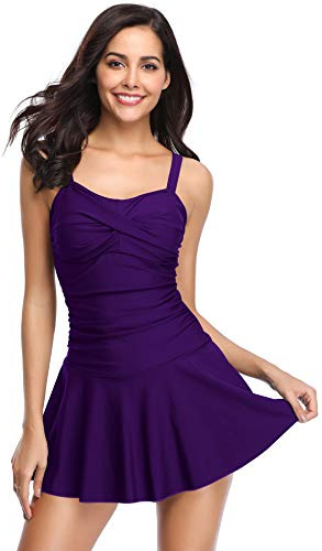 SHEKINI Mujer Bañador con Falda Traje de Baño Elegante Ruched Control Abdomen Tankini Deportivo Ajustable Falda de Baño de Una Pieza（M，Morado Oscuro）