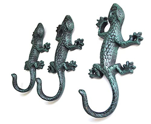 TentHome 3er Set Gecko-Haken Rustikal Wandhaken Eisenhaken Kleiderhaken Gusseisen Garderobenhaken Schlüssel-Haken Wandbehang für Blumentopf Pflanzen Garten Dekoration,Patina-Gecko
