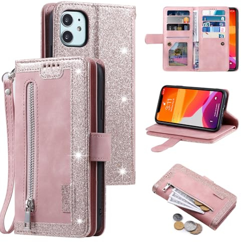 UEEBAI Estuche para iPhone 11 6.1 Inch, Cartera con Correa de Mano Cuero PU Funda Tapa Retro a Prueba de Golpes con 9 Ranuras para Tarjetas Función de Soporte Bolso Magnético - Oro Rosado