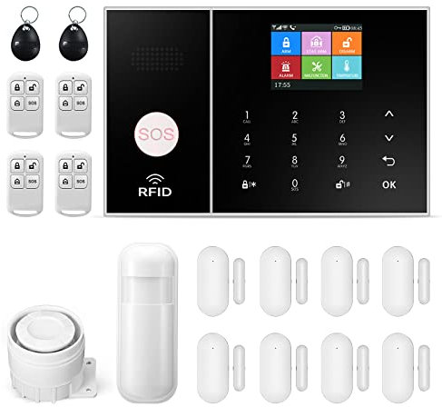 Wireless Home Alarm System, GSM SMS Complete Burglar Alarm System with 120dB Alarm Siren, Intelligent Remote Control, LCD Display, Voice Invite, Security for Home, Office