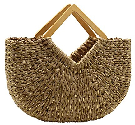 QQYG Quadratische Halbmond-Stroh-Einkaufstasche mit Holzgriff für Damen, große Kapazität, gewebte Strandtasche, Damen-Bohemien-Einkaufstasche, Kamel, 41 x 12 x 29 cm