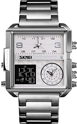 SKMEI Quadratische Uhren für Herren,LED-Hintergrundbeleuchtung,Großbild,Multi-Zeitzone,Herrenuhr,wasserdichte,analoge,digitale Herren-Sportuhr