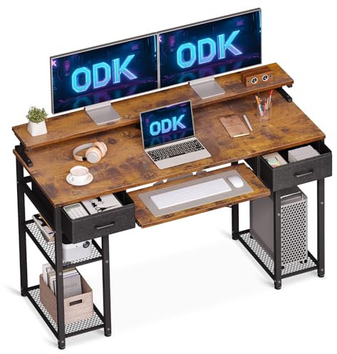 ODK Schreibtisch mit Schubladen, Computertisch mit Regal, Bürotisch mit 120x48x90cm Schreibtisch mit Monitorständer, PC Tisch mit CPU-Ständer für Home Office, Büro, Wohnzimmer, Braun