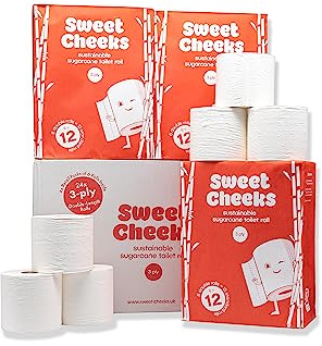 Sweet Cheeks Rotolo di carta igienica a 3 veli di canna da zucchero, 24 rotoli a doppia lunghezza, equivalenti a 48 rotoli normali, 9600 fogli per scatola, confezione senza plastica