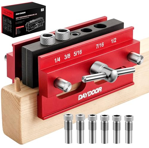 DAYDOOR 2.1 Self Centering Dowel Jig, Universal Capacity Doweling Jig & Drill Guide for Woodworking, Complete Kit with 6 Steel Bushings for Straight Holes(Red)