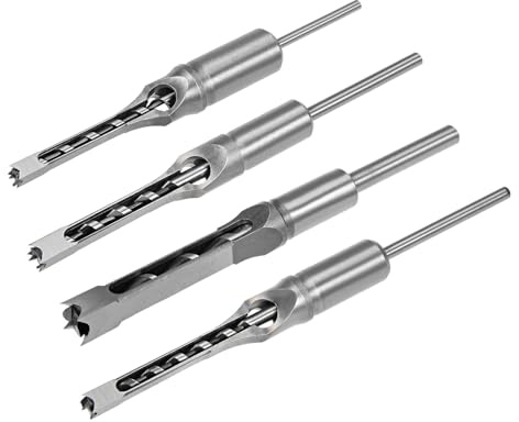 uxcell 4pcs Square Hole Drill Bit for Wood 1/2, 1/4, 3/8, 5/16 Hollow Chisel Mortiser Auger Spur Cutter Tool, High Carbon Steel for Woodworking Carpentry