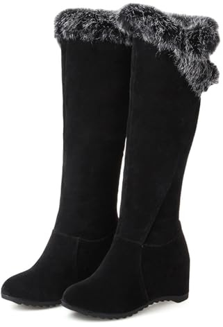 DEVILEYEZE Women's Winter Over The Knee Thigh High Snow Boots Stretch Thick Rabbit Fur Collar Warm Leather Waterproof Slip-on Hidden Wedge Boot (Black C,7,7,Women)