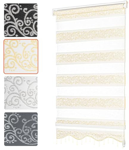 Bailena® Doppelrollo Klemmfix ohne Bohren - 4in1 Duo Rollo mit Muster Weiß Gold Glitzernd 50x200cm - Ranken & Blumen Motiv Doppelrollo mit Perlen - Gardinen Rollos für Fenster & Tür