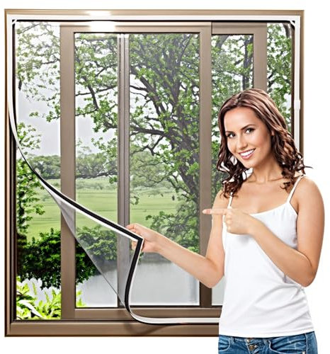 Jsdoin Magnetic Fly Screen Window, Adjustable DIY Window Fly Screen Max 110 * 120cm, Fly Screens for Windows, Magnetic Window Screen Easy Installation, no Drilling or screwing(White Frame Grey Mesh)
