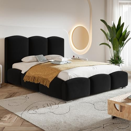MOTIVENA Hilton Bubble Bett 180x200 Schwarz Samt, mit Stauraum, mit Kopfteil, mit Lattenrost, mit Füßen, ohne Matratze, Bubble Polsterbett 180x200 mit Bettkasten Schwarz