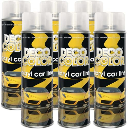 Deco Color 6er Sparpack ACRYL CAR LINE KLARLACK GLÄNZEND in 500ml - Lackspray für z.B. KFZ, Auto, Motorrad, Alufelgen, Stahlfelgen (6 Dosen Klarlack GLÄNZEND 500ml)