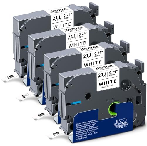 4x XemaX Etikettenband Kompatibel für Brother P-touch Bänder 6mm TZe-211 TZ-211 Schriftbänder Schwarz auf Weiß Etiketten Kassette für Brother P-Touch PT-E110 H100R H110 H101C H108 E100 H100LB H105