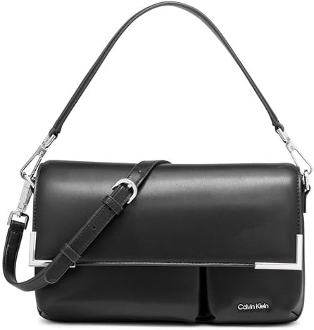 Calvin Klein Damen Organizational Flap Shoulder Bag Mica Demi-Schultertasche und Crossbody-Tasche mit Klappe, Schwarz/Silber Puffy
