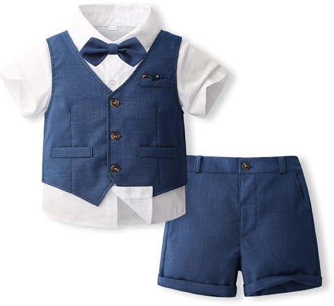 Volunboy Elegant kostym barn skjortor fluga väst + shorts sommar bröllopsceremoni kläder 4 delar, Marin, 2-3 �r