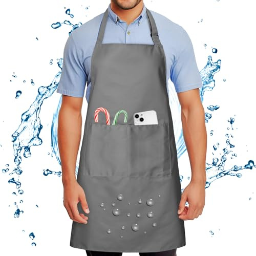 Wasserdicht Schürze mit 2 Tasche für Männer Damen Verhindert Ölstaubflecken | Verstellbare Kochschürze mit langen Riemen, Kein Waschen, Grillschürze für Kochen BBQ Kunstunterricht Backen Malerei Kellner