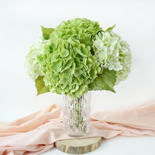 4 Pcs Real Touch Hydrangeas Artificial Flowers, Light Green &Dark Green Fake Hydrangea Flowers, 21 Latex Faux Hydrangea Flowers for Kitchen Porch Living Room Home Decor Wedding Table Centerpiece