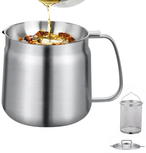 MIFXIN Olla de filtro de aceite de acero inoxidable 304 con cesta de filtro y malla, recipiente de grasa multifuncional para almacenar, freír y filtrar aceite de cocina, tapa a prueba de polvo