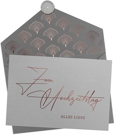 JoliCoon Zum Hochzeitstag alles Liebe Klappkarte mit Kuvert und Wachssiegel | 350g strukturiertes Designerpapier, Roségoldveredelung, für Ehepaare, Premium-Papeterie