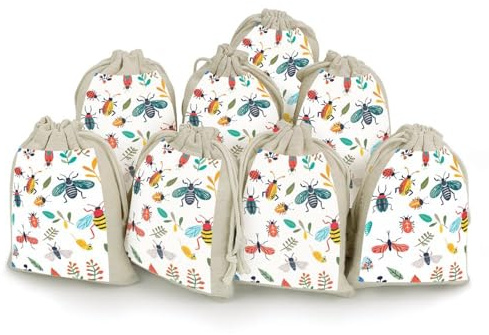 FZQVSGW Geschenktüten mit buntem Insektenmuster, Jutebeutel, wiederverwendbar, mit Kordelzug, Geschenkbeutel für Party-Dekorationen, 8 Stück