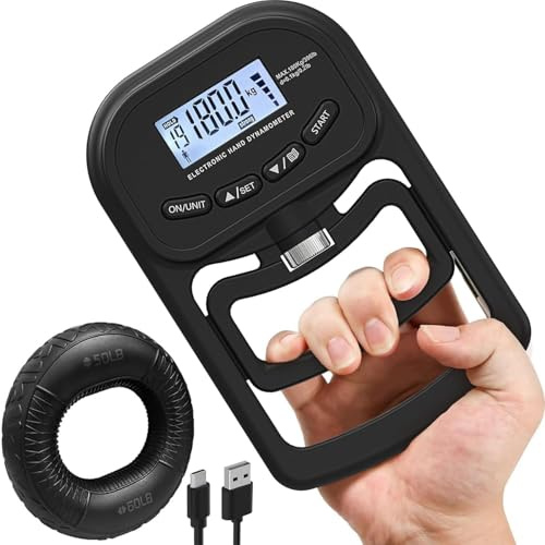 inaepeak Jauge de force manuelle de 180 kg avec 50-60 lb anneaux en silicone Grip Trainer, Dynamomètre à main électronique rechargeable, testeur de force de préhension numérique Dynamomètre à poignée