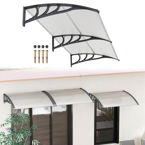 RELAX4LIFE Marquise de Porte Exterieur 200x100 CM, Auvent Porte d’Entrée en Polycarbonate, Protection Contre Pluie et UV, Auvent Marquise Aluminium pour Terrasse (200 x 100 cm,PC Transparent/Gris)
