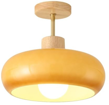 COSRUB Nordic Glass Dome Ceiling Light, Modern Wood Ceiling Lights Semi Flush Mounted Ceiling Lamp for Bedroom Kitchen Entryway Corridor(Yellow)