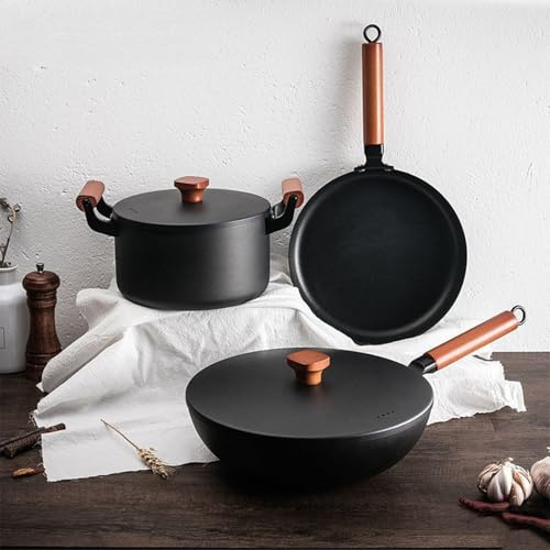 Set di pentole in ghisa, 5 pezzi, con manico in legno e coperchio per una cottura versatile